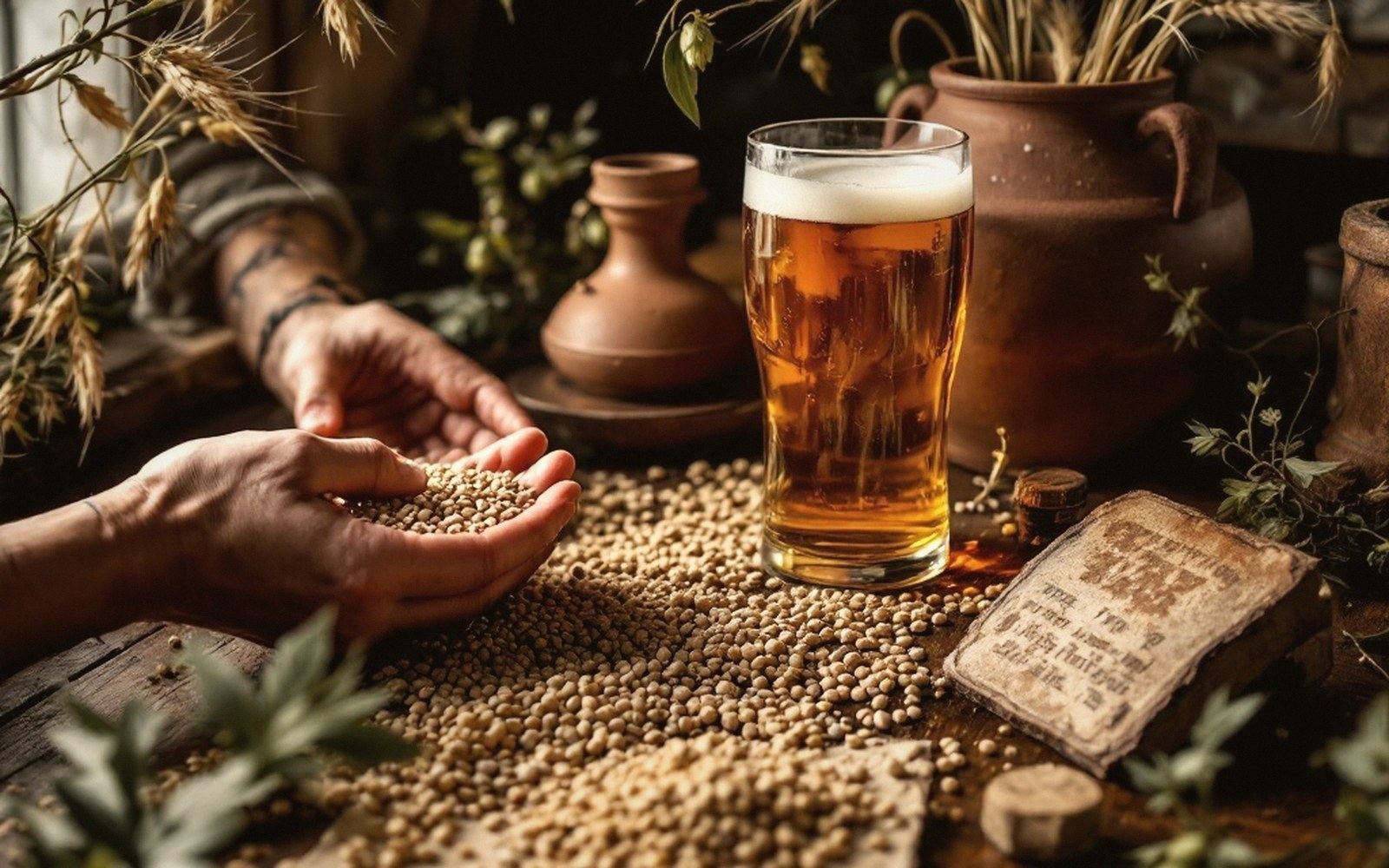 Hands cradle malted grain beside a full beer glass and clay pottery on a wooden table
