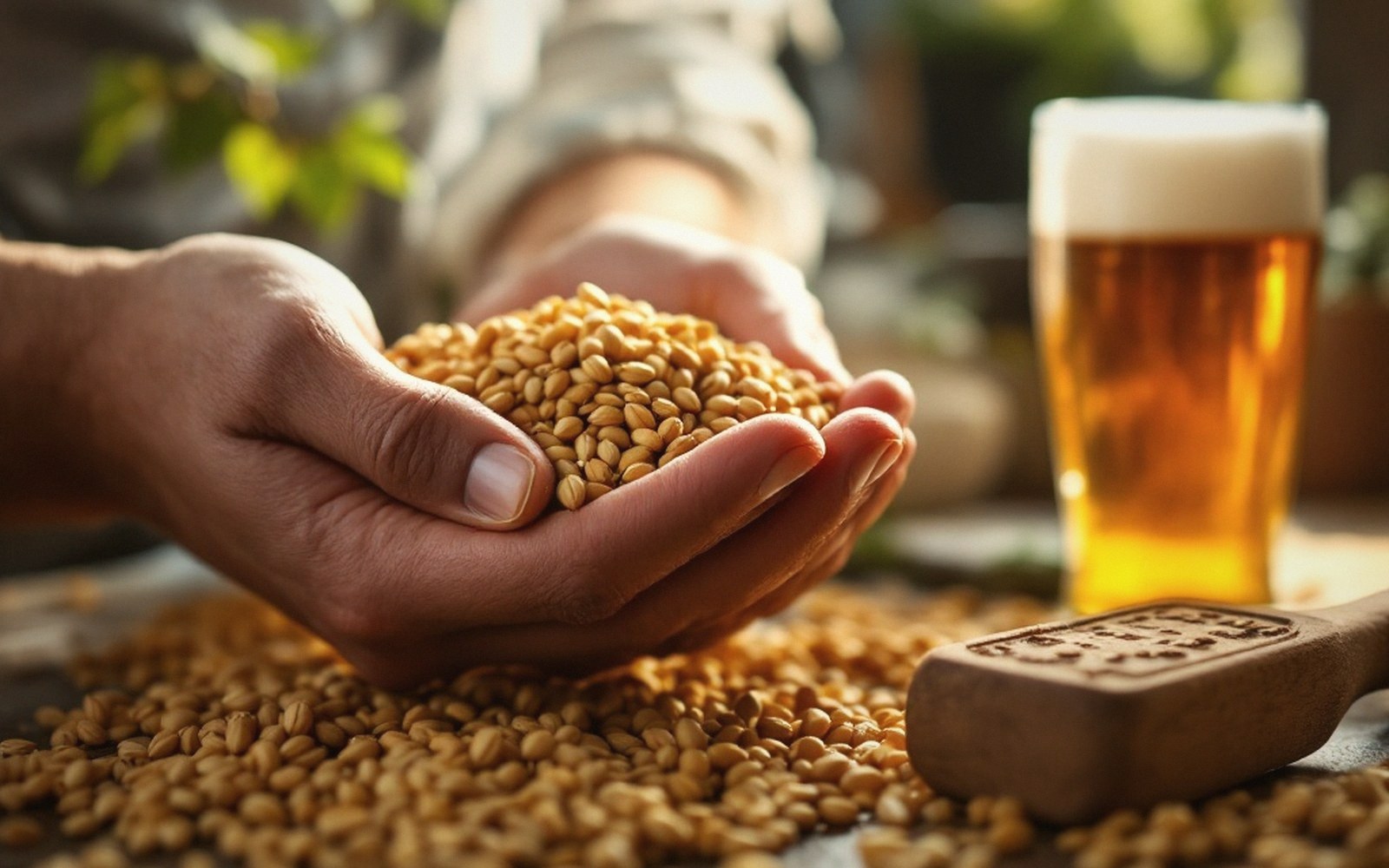 Cupped hands hold malted barley grains beside a scoop and glass of beer